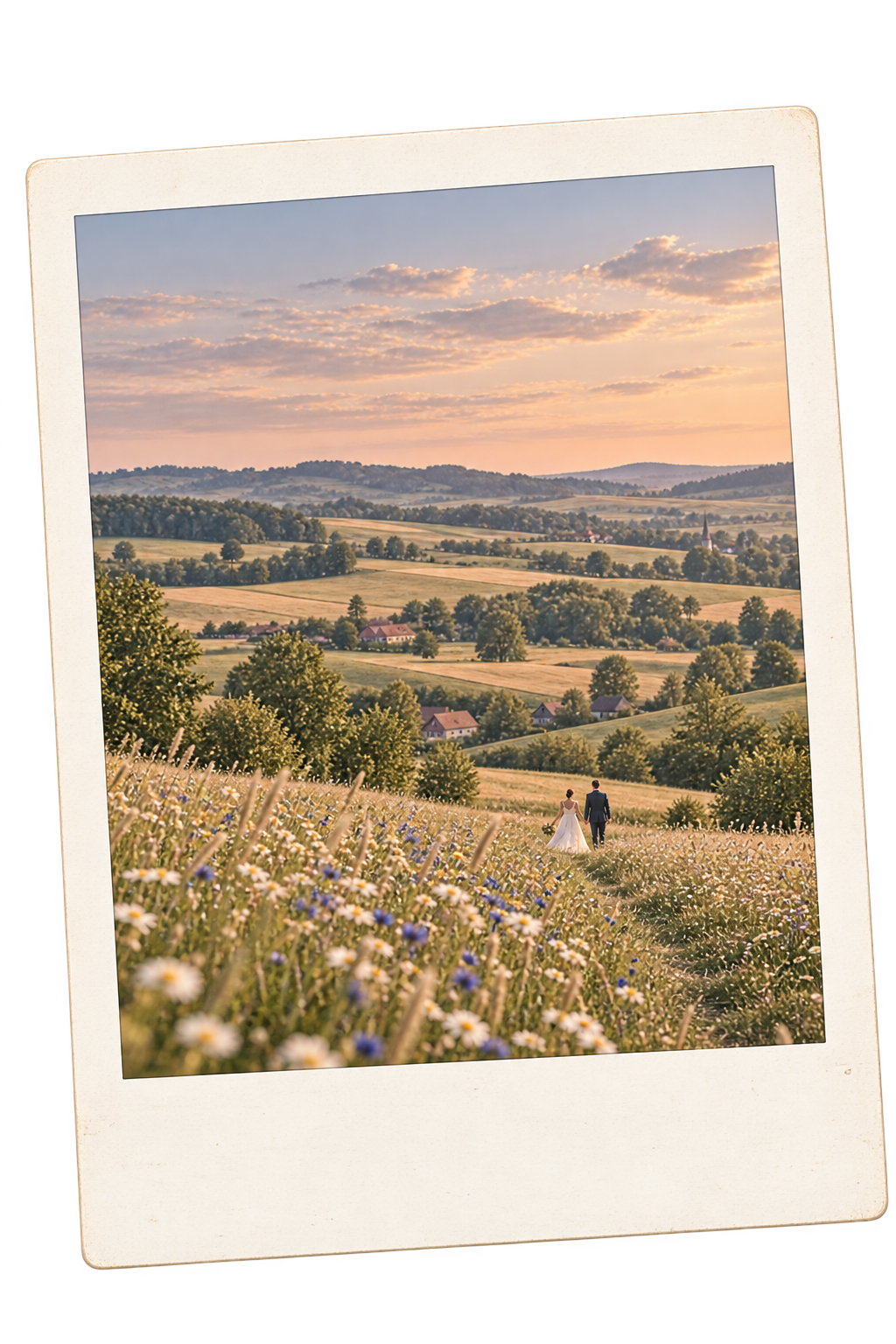 Klaudia and Daniel walking through a wildflower field at sunset