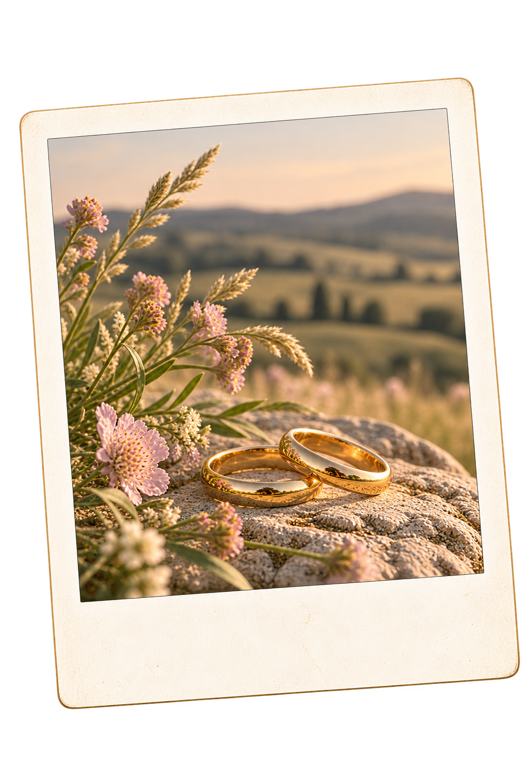 Two gold wedding rings resting on a stone among wildflowers